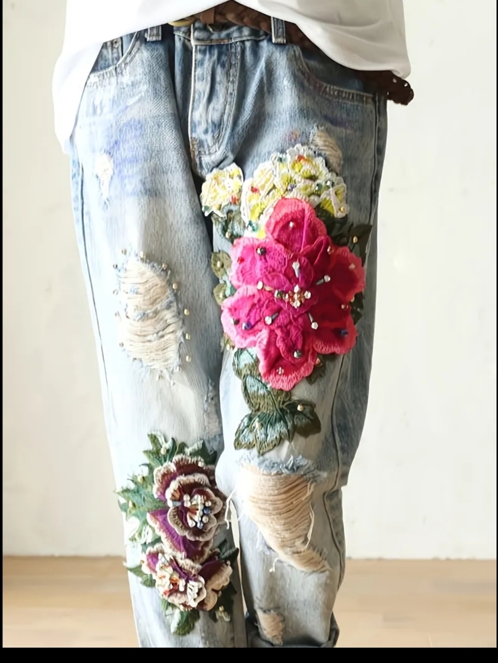 Light Wash Women's Jeans with Pink Floral Applique - Picture 2 of 6
